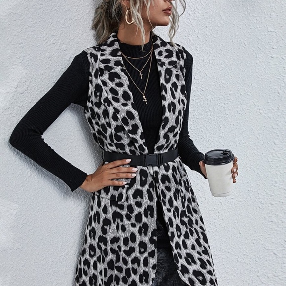 classic leopard print vest with belt grey black - Picture 7 of 11